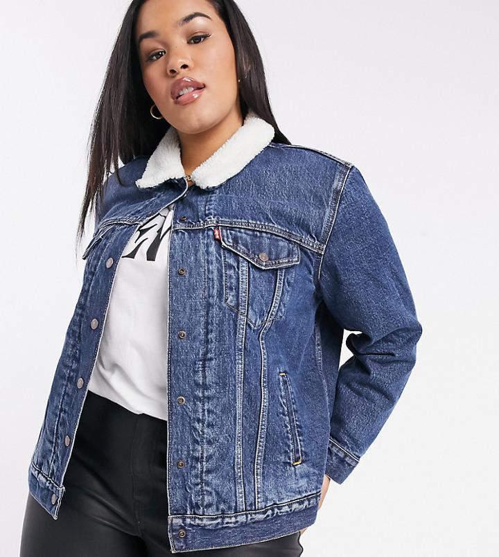Levi's Plus Ex-boyfriend Sherpa Trucker Jacket In Mid Wash Blue