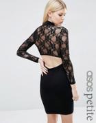 Asos Petite Lace Long Sleeve Cut Out Back Mini Dress - Black