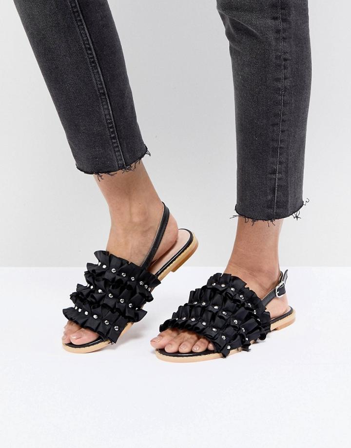 Lost Ink Black Ruffle Pearl Detail Sandals - Black