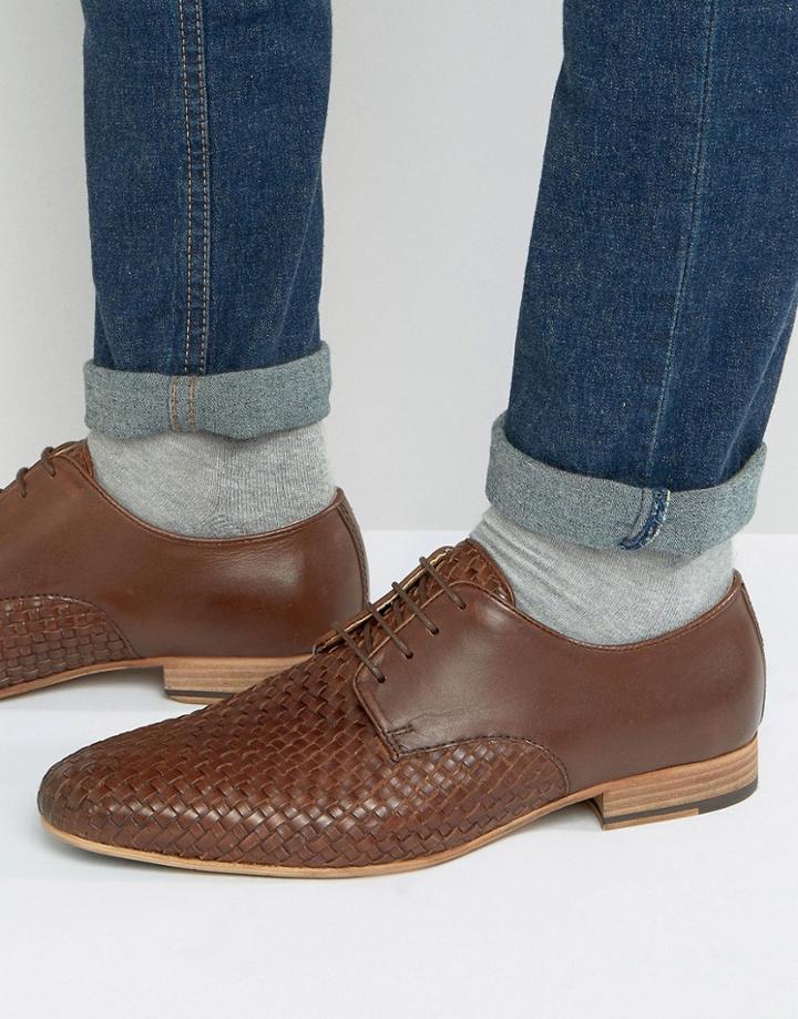 Asos Derby Shoes In Brown Leather With Weave Detail - Brown