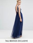Little Mistress Tall Allover Sequin Bow Back Tulle Prom Maxi Dress - Navy