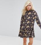 Asos Petite Washed Mini Dress With Ruffle Hem In Floral Print - Multi