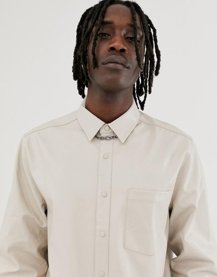 Asos Design Regular Fit Faux Leather Shirt In Stone - Cream