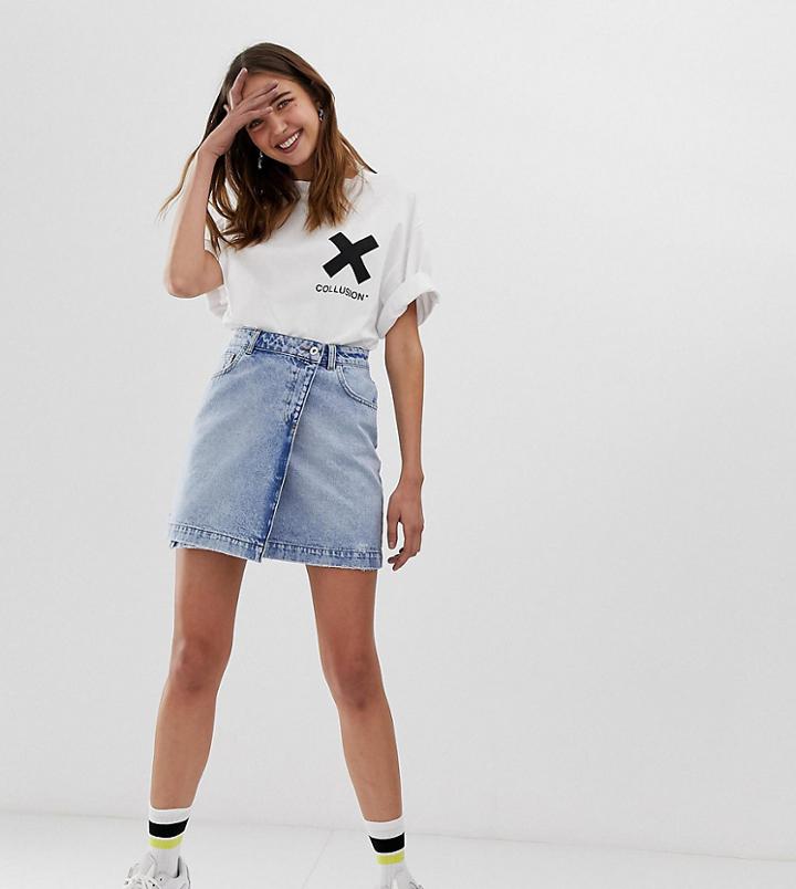 Collusion Denim Wrap Skirt In Bleach Wash