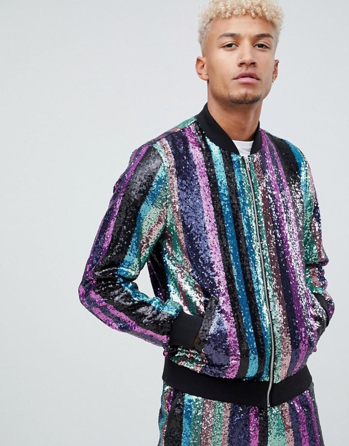Asos Design Two-piece Bomber Jacket In Sequin Stripe - Multi