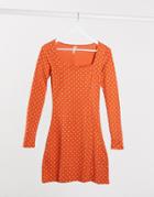 Pieces Square Neck Midi Polka Dot Dress-orange