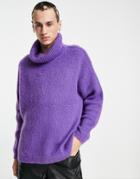 Asos Design Oversized Fluffy Knit Roll Neck Sweater In Purple