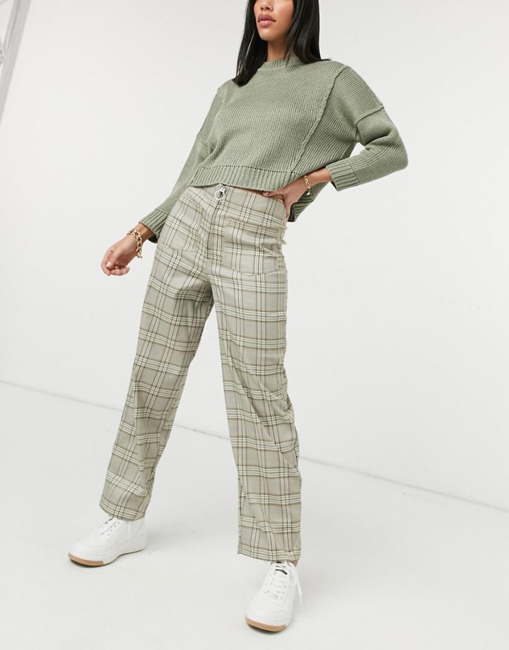 Asos Design Straight Leg Zip Front Pants In Brown Check