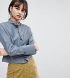 Reclaimed Vintage Inspired Tie Neck Cropped Shirt - Blue