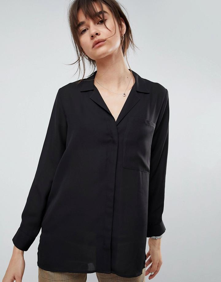 Asos Open Neck Blouse With Oversized Pocket - Black