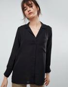 Asos Open Neck Blouse With Oversized Pocket - Black