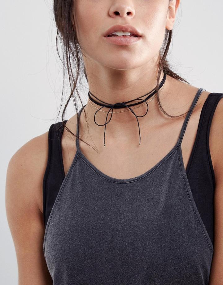 Asos Wrapped Bow & Chain Multirow Choker Necklace - Black