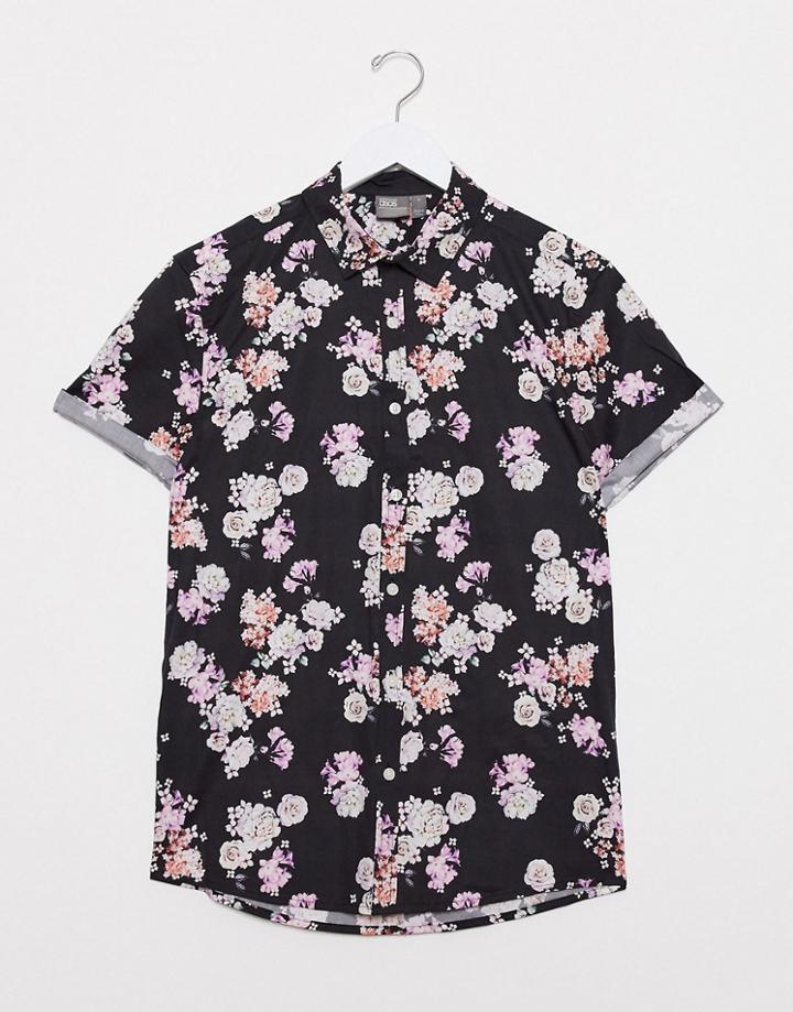 Asos Design Stretch Slim Fit Poplin Floral Shirt In Navy