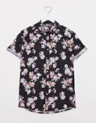 Asos Design Stretch Slim Fit Poplin Floral Shirt In Navy