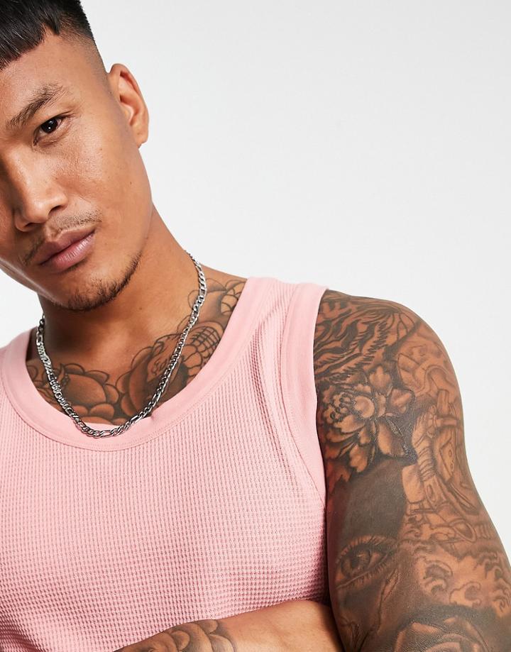 Asos Design Muscle Fit Waffle Tank In Pink