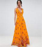 Asos Design Tall Border Floral Pleated Cami Maxi Dress - Orange