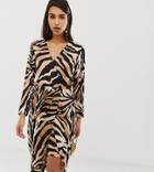 River Island Wrap Front Midi Dress In Tiger Print - Multi