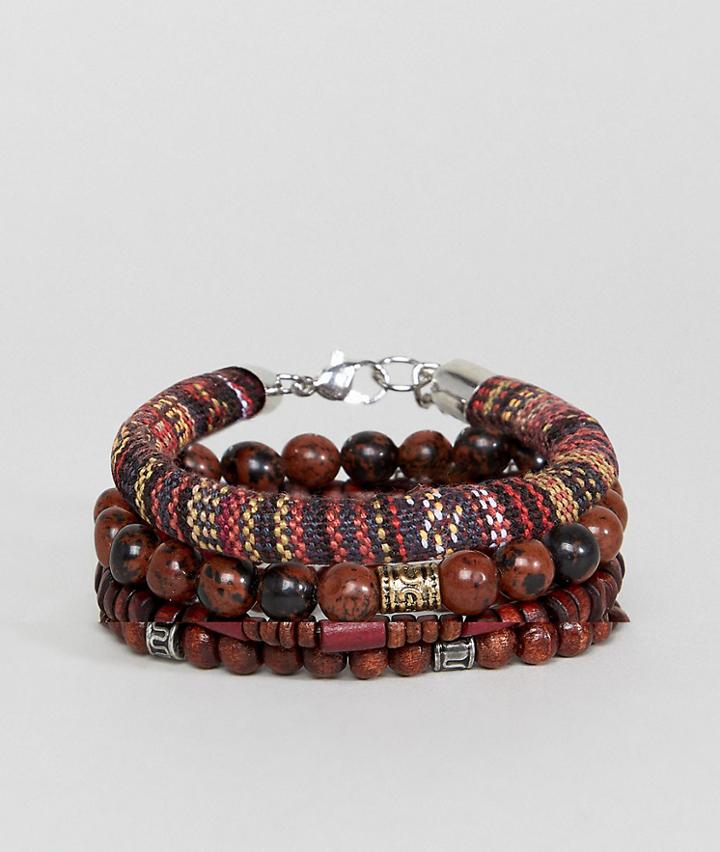 Asos Bracelet Pack In Burgundy And Brown With Semi Precious Stones - Brown