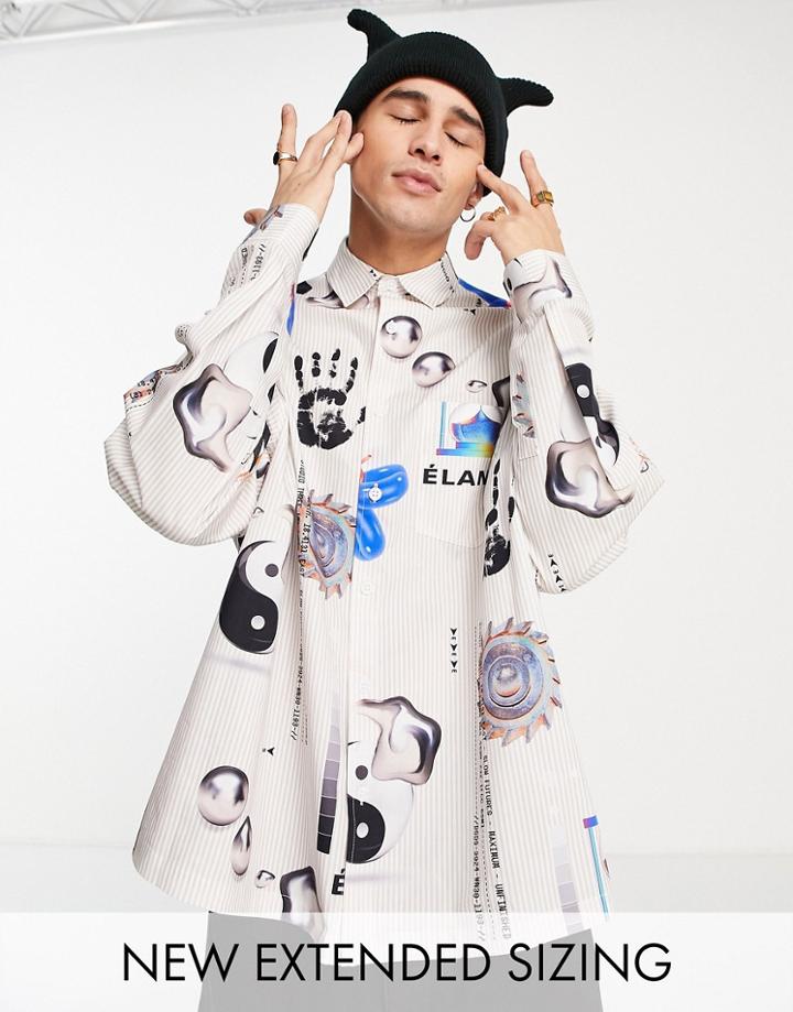 Asos Design Boxy Oversized Shirt With Stripe And Placement Prints-white