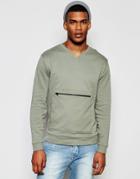 Asos Notch Neck Sweatshirt With Rib Pocket In Khaki - Green