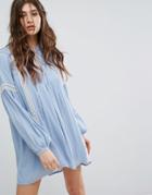 Endless Rose Long Sleeve Smock Dress With Tie Front And Lace Inserts - Blue