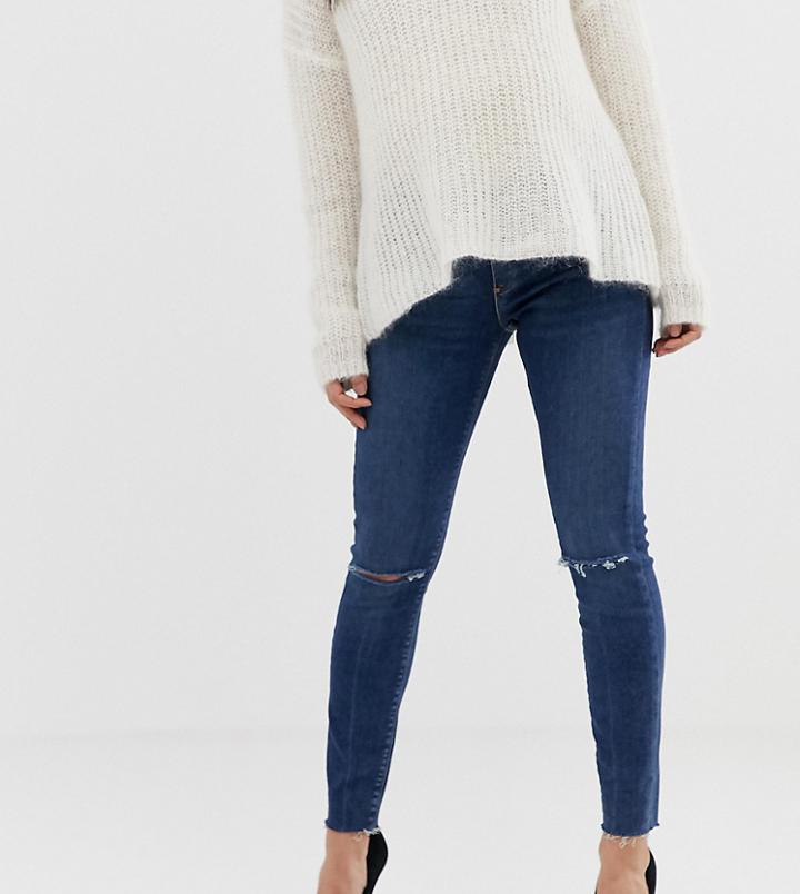 Asos Design Maternity Ridley High Waist Skinny Jeans In Dark Wash Blue With Ripped Knee Detail With Under The Bump Band - Blue
