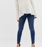 Asos Design Maternity Ridley High Waist Skinny Jeans In Dark Wash Blue With Ripped Knee Detail With Under The Bump Band - Blue