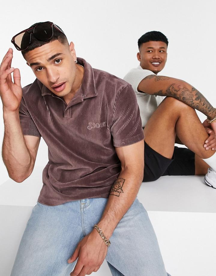 Asos Design Relaxed Short Revere Polo T-shirt In Brown Ribbed Velour