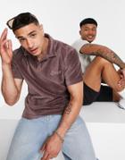 Asos Design Relaxed Short Revere Polo T-shirt In Brown Ribbed Velour