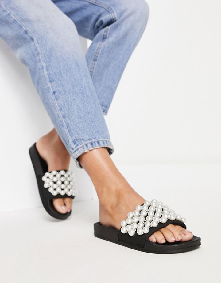 River Island Pearl Slides In Black