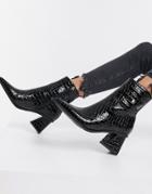 Topshop Pointed Heeled Boots In Black Croc