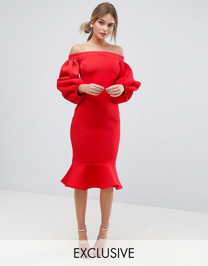 True Violet Balloon Sleeve Bodycon Dress With Pep Hem - Red