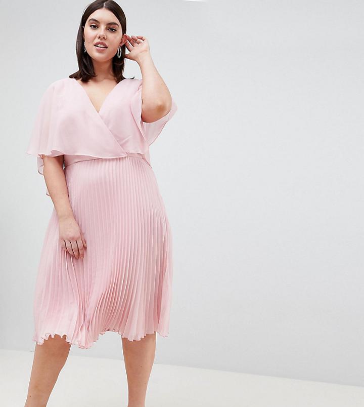 Asos Design Curve Midi Dress With Pleat Skirt And Flutter Sleeve - Pink