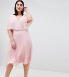 Asos Design Curve Midi Dress With Pleat Skirt And Flutter Sleeve - Pink