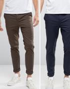 Asos 2 Pack Skinny Chinos In Navy & Brown Save - Multi