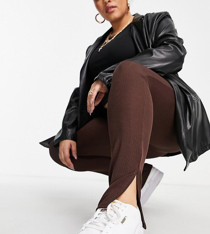 Flounce London Plus Narrow Ribbed Leggings With Side Split In Chocolate-brown