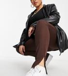 Flounce London Plus Narrow Ribbed Leggings With Side Split In Chocolate-brown
