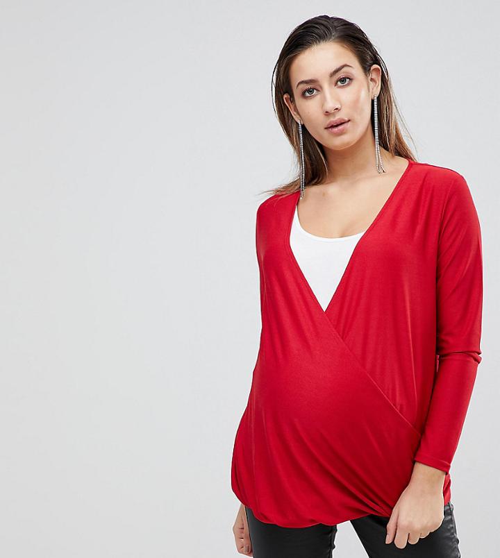Asos Maternity Wrap Top In Crepe - Red