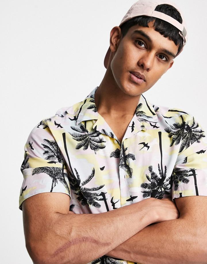 Only & Sons Short Sleeve Pastel Palm Tree Print Revere Shirt In Pink-blues