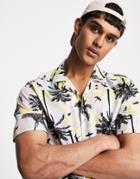 Only & Sons Short Sleeve Pastel Palm Tree Print Revere Shirt In Pink-blues
