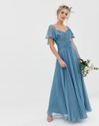Asos Design Bridesmaid Pleated Bodice Maxi Dress With Flutter Sleeve-blue