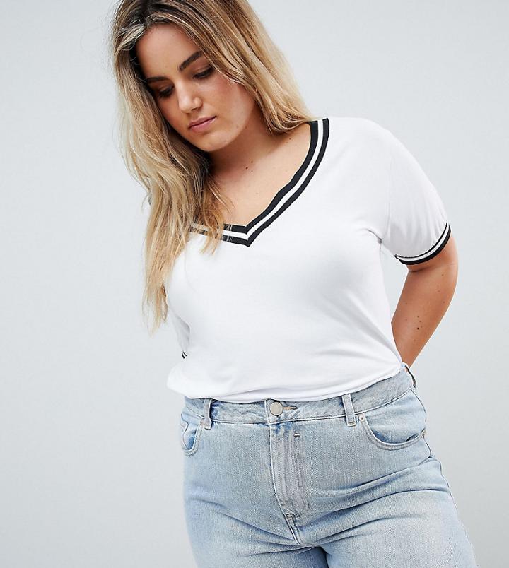 Boohoo Plus V Neck Stripe Tee - White