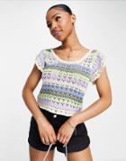 Jdy Crochet Knit Ruffle Sleeve Top In Pastel Stripe-multi