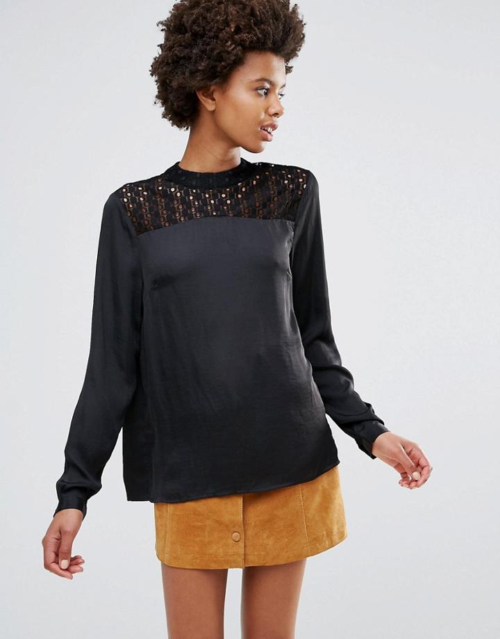 Ichi High Neck Top With Lace Yoke - Black