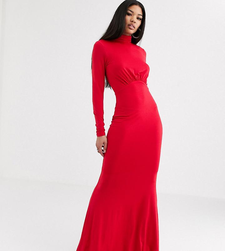 Flounce London High Neck Fishtail Maxi Dress With Ruched Detail In Red