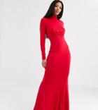 Flounce London High Neck Fishtail Maxi Dress With Ruched Detail In Red