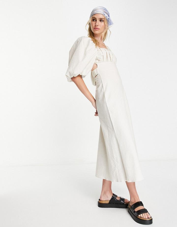 Asos Design Square Neck Linen Midi Dress With Elastic Detail In Stone-neutral