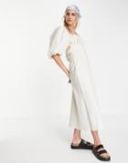 Asos Design Square Neck Linen Midi Dress With Elastic Detail In Stone-neutral