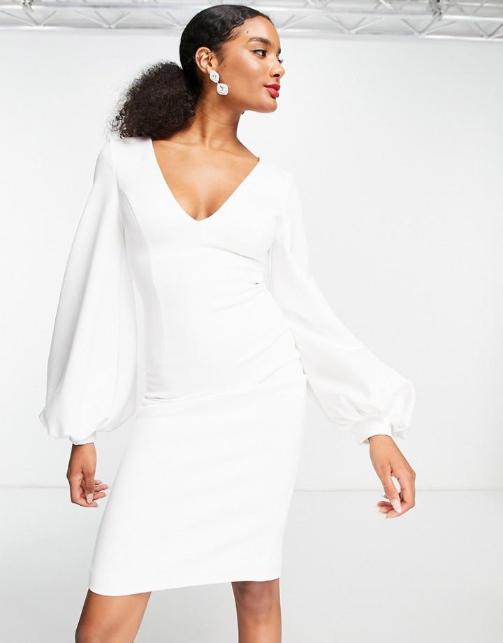 True Violet Plunge Balloon Sleeve Midi Dress In Ivory-white