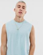 Asos Design Relaxed Sleeveless T-shirt With Extreme Dropped Armhole In Linen Mix In Blue - Blue